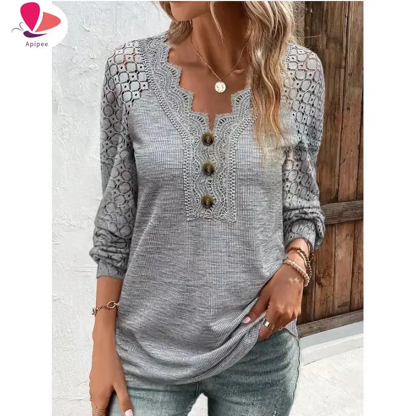 APIPEE New Comfortable Casual Lace Long Sleeve Patchwork V-Neck Pullover Women's T-Shirt Solid Casual Streetwear Fashion Clothes