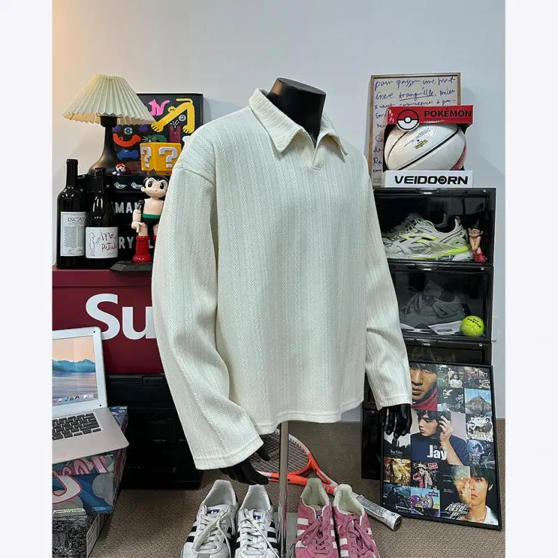 

Men's plus Size M-3XL Spread Collar Long Sleeve Sweatshirt Solid Color Wheat Pattern Pullover Relaxed Fit Autumn Top