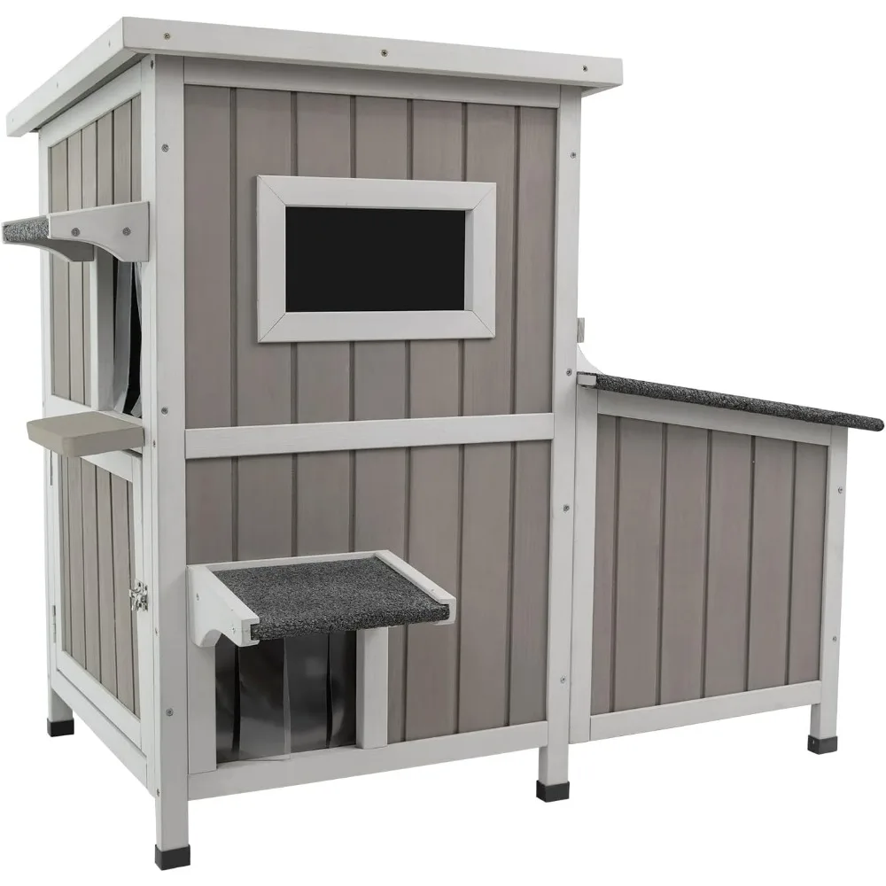 

Cat House Outdoor Cat Shelter for 2-3 Feral Cats Two Story Wooden Cat Houses for Outside Cats Weatherproof in 3 Rooms