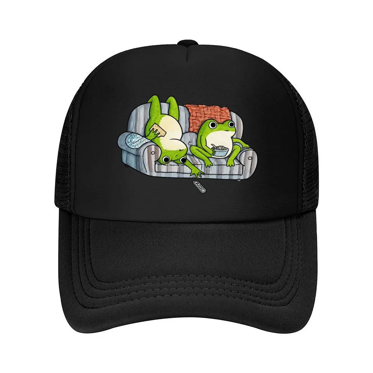 Green Frog Characters Lounging Eating Noodles Cozy Living Room Scene Mesh Baseball Cap Hip Hop