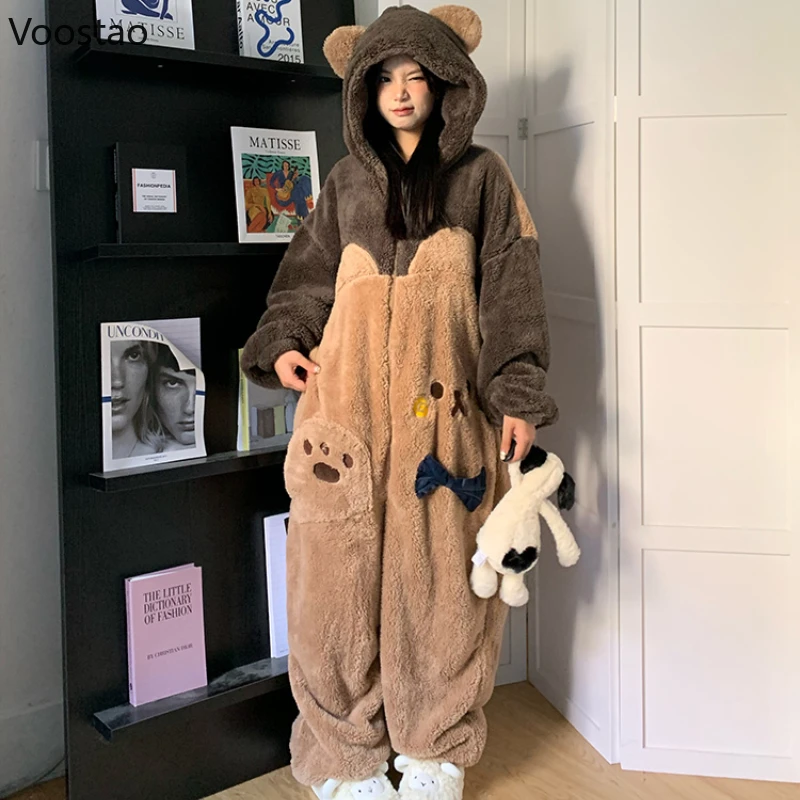 Süße Bär Mit Kapuze Onesies Frauen Pyjamas Nette Pijama Winter Fleece Warme Nachtwäsche Kawaii Dame Nachtwäsche Pyjamas Overall Homewear