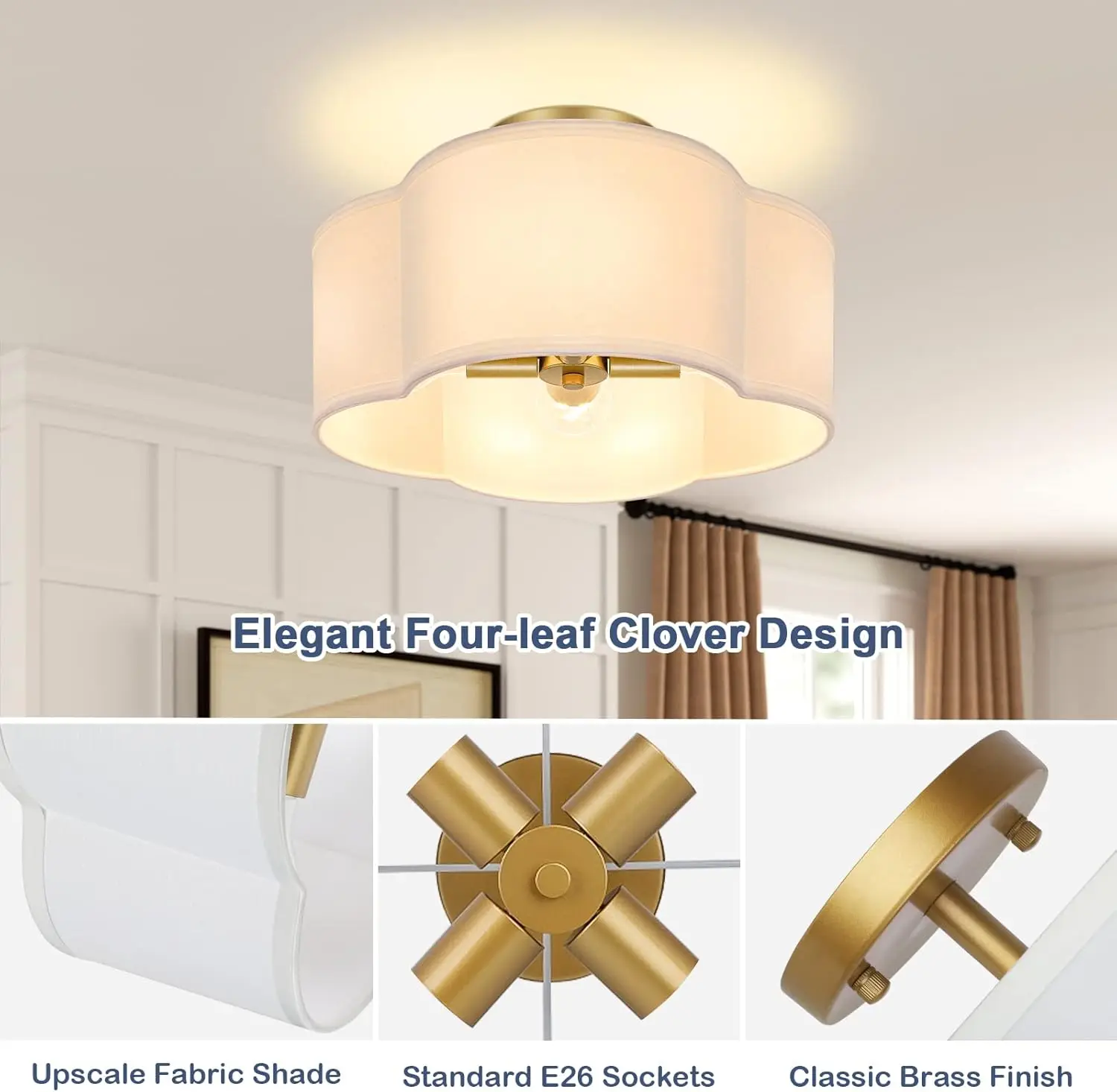 Plafoniera da soffitto Semi-incasso a 4 luci, lampada da soffitto moderna in oro con paralume in tessuto bianco, luminosa della fattoria