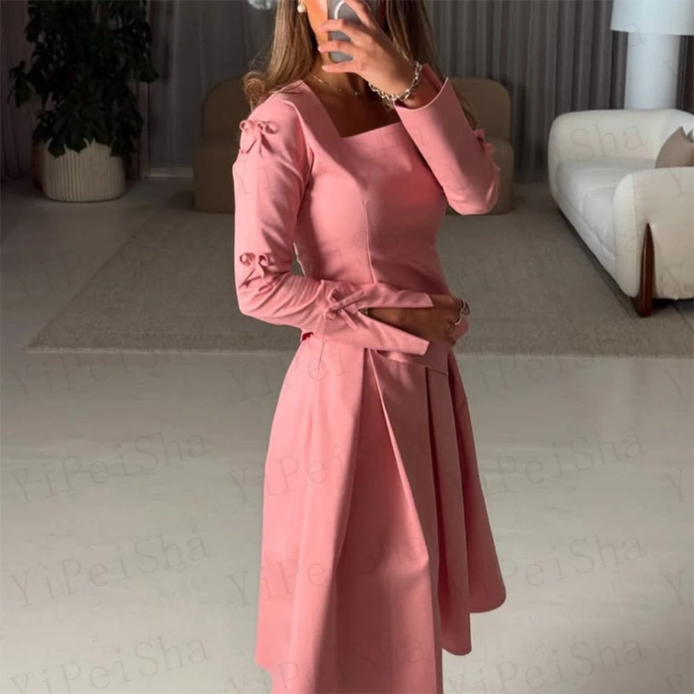 تخصيص الوردي ألف خط فساتين لحضور الحفلات الموسيقية طول الركبة ساحة طوق كم كامل ثوب مسائي بسيط ثنيات موضة القوس ثوب الحزب #4