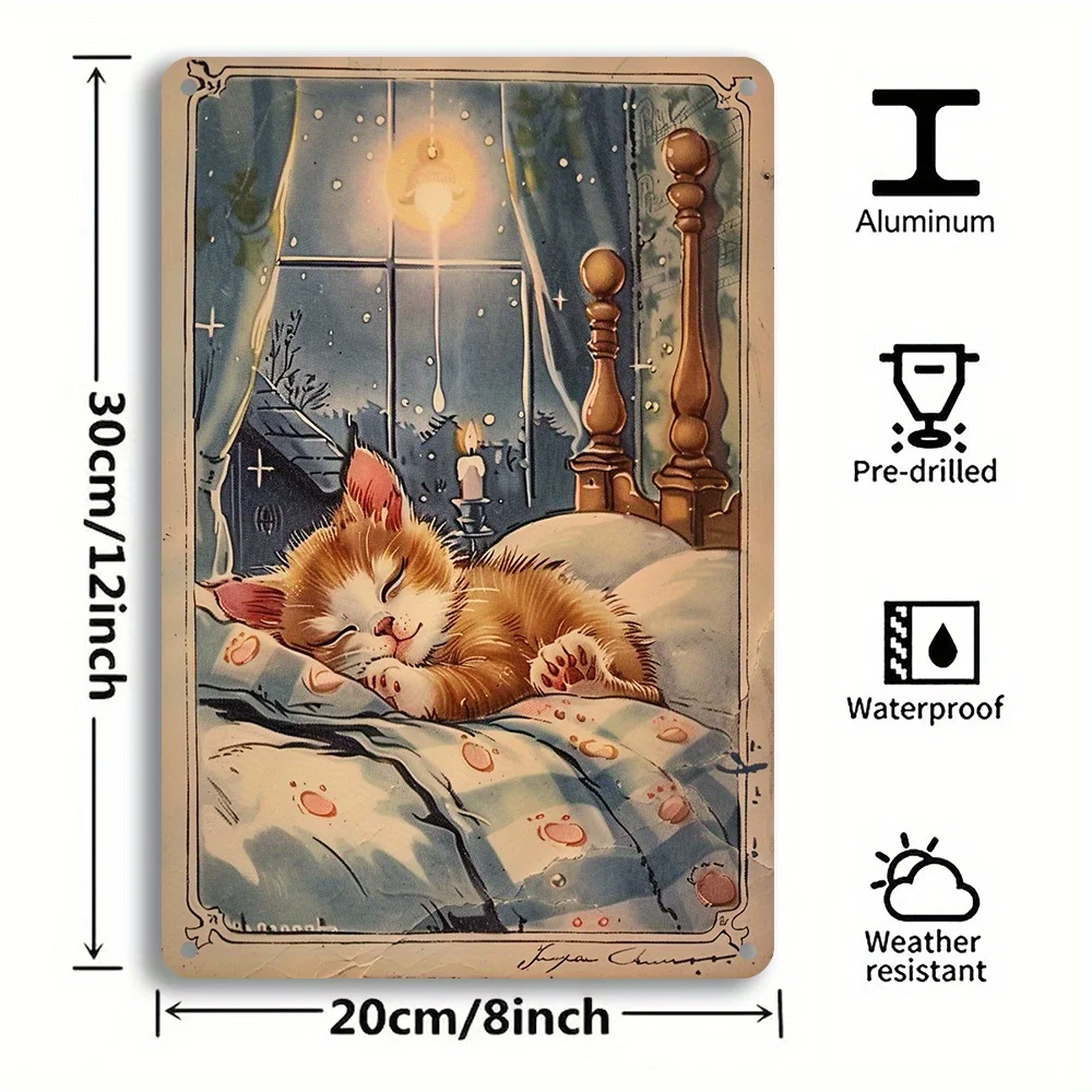 1pc sinal de metal de ferro gato dormindo decoração de parede pré-perfurado à prova de intempéries sinal de arte de gato vintage para casa e ao ar livre amantes de animais de estimação