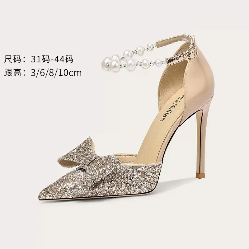 Spring and summer new pointy sequin bow pearl sandals thin high heel banquet dress versatile large and small women's single shoe