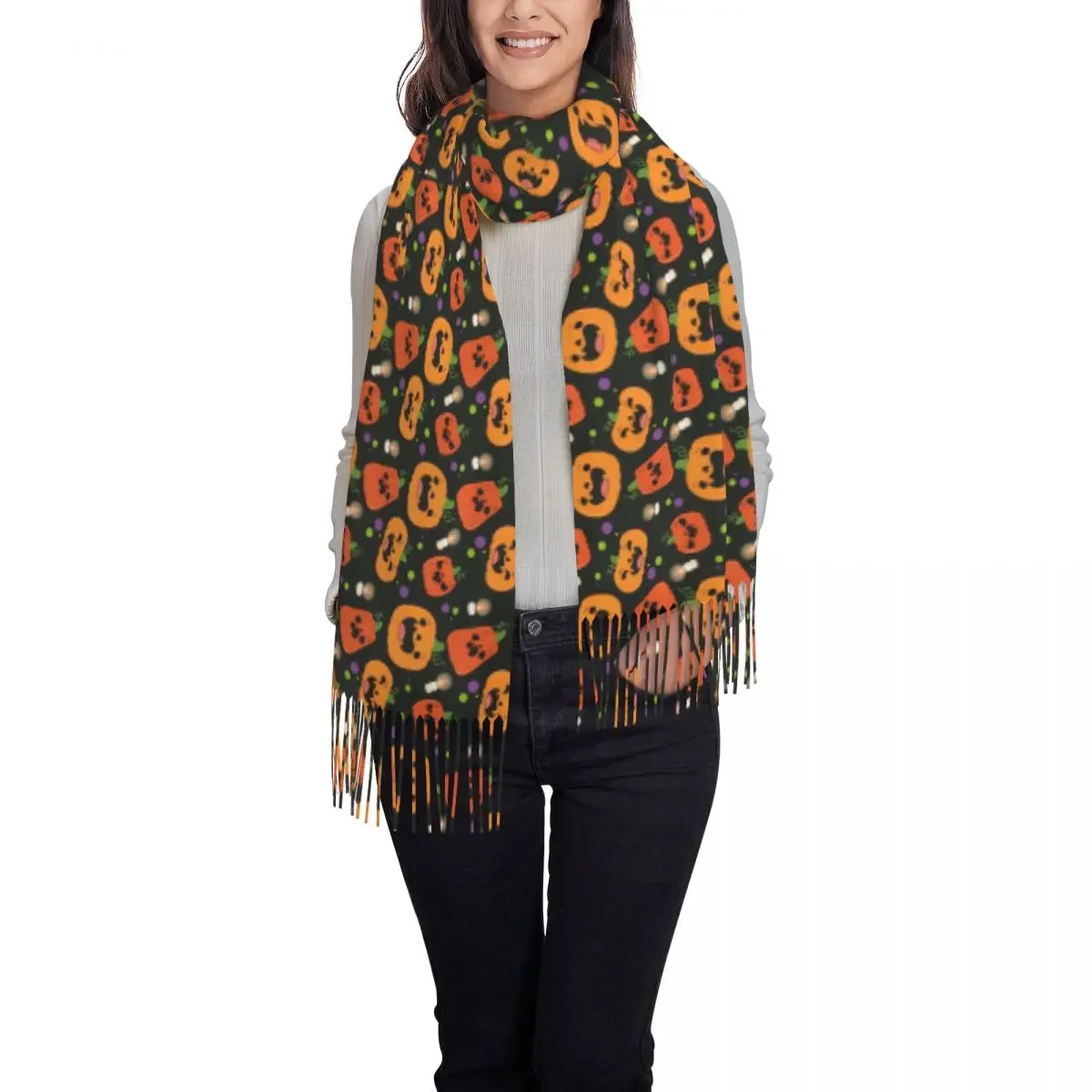 Cute Pumpkin Scarf Spooky Halloween Outdoor Shawls Wrpas with Long Tassel Women Luxury Brand Headwear Scarves Winter Bufanda