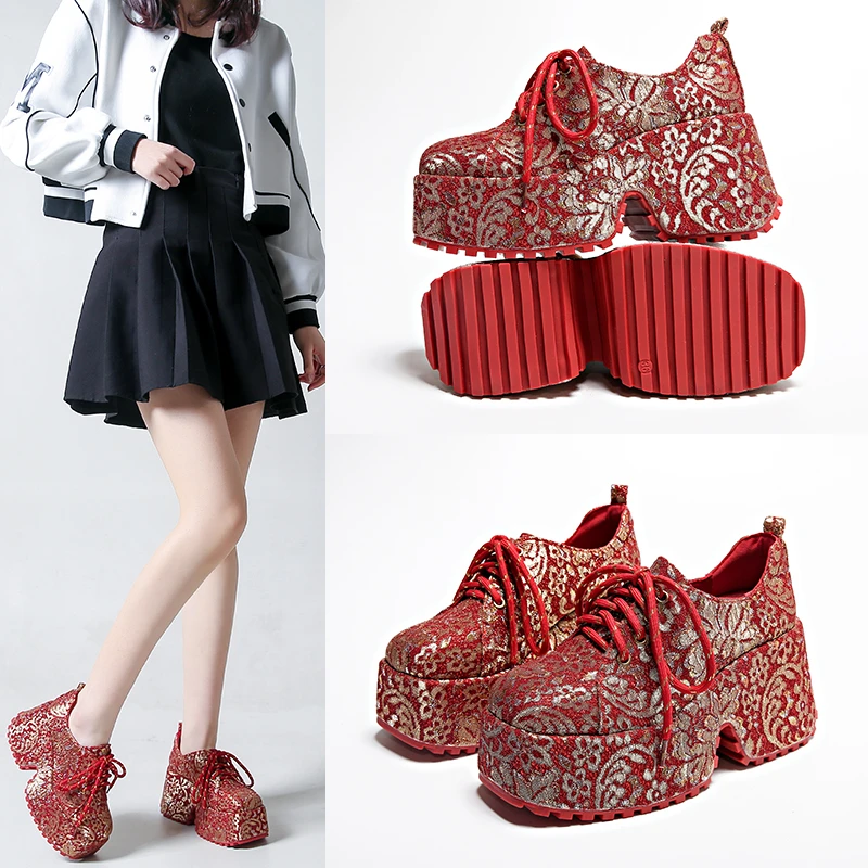 

Дизайнерские красные банкетные туфли на толстой подошве 9 см, женские туфли для увеличения роста, модные блестящие вышитые вечерние роскошные туфли