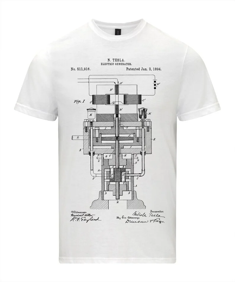 نيكولا تيسلا مولد المحرك براءات الاختراع تصميم اختراع الفيزياء المتحمسين تي شيرت تاريخ العلوم تسلا براءات الجرافيك القمم
