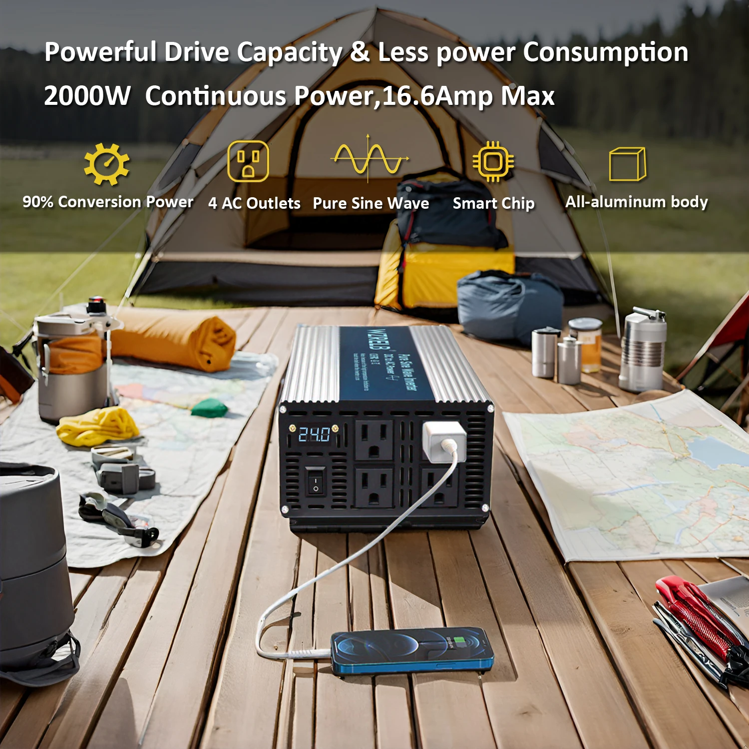 

High Efficiency 2000W Pure Sine Wave Inverter 12V 24V 36V 48V 72V 96V DC to 110V 120V 220V 230V 240V AC Off Grid Power Converter