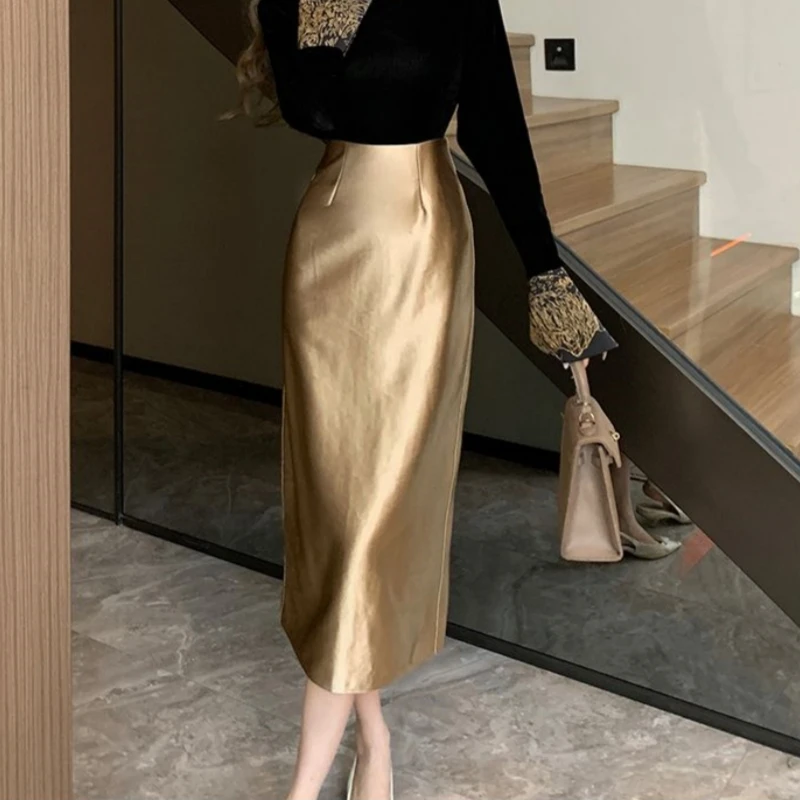 Luxe dikke rok elegante bijpassende slanke OL-jurk feest chic satijnen a-lijn rok trend nieuw in vrouwelijke rokken dames Franse kleding