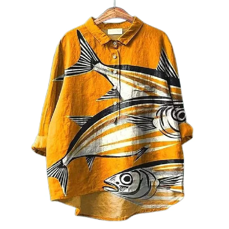 

Vibrant Cat Fish and Chicken Print Blouse Playful Wild Fashion Animal Patterned Shirt Pink Print Shirt Casual Artistic Blouse