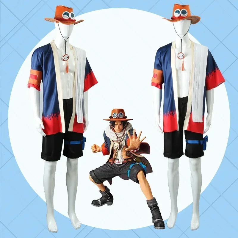 Disfraz de Cosplay de Anime Portgas D. Ace, Traje de Cosplay del Rey Pirata de Anime, Kimono de Cosplay de Ace Puño de Fuego, Traje con Sombrero para Juego de Rol de Anime