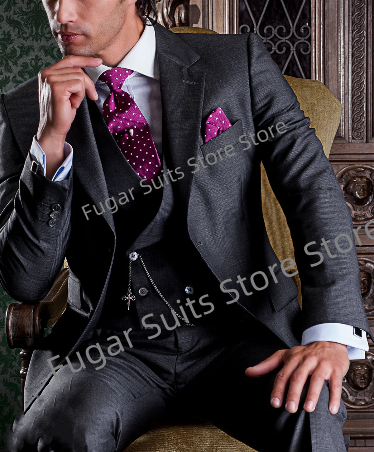 Luxuly Dark Gray Wedding Men Suits Slim Fit Notch Lapel Groom Tuxedos Prom3 Pieces Sets High Quality Male Blazer Trenos Mascuino