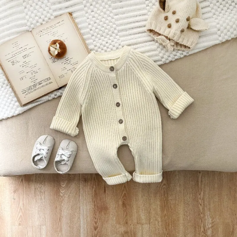 Customized Name Solid Knitting Cotton Long Sleeve Outfit Toddler Baby Boys Girl Romper Spring Autumn Newborn Baby Girls Jumpsuit