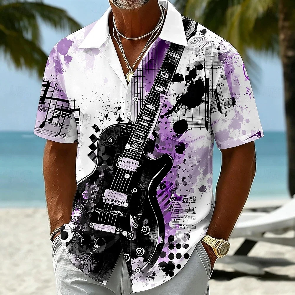 Retro rock guitar 3D printed men's shirt with splashed ink sheet music pattern, short sleeved lapel button casual vacation shirt