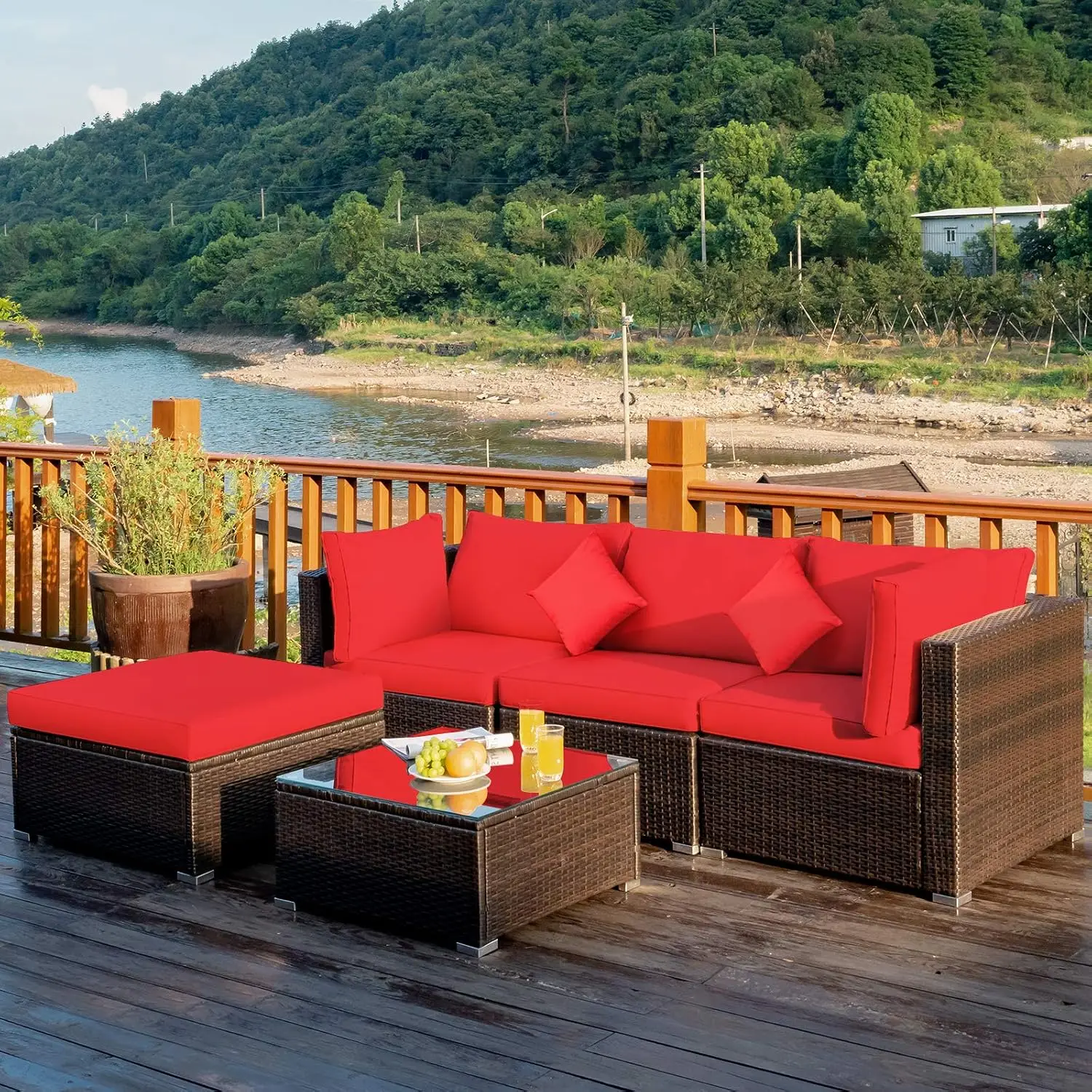 5-Piece Patio Rattan Sofa Set with Cushions & Glass Table for Backyard Porch Poolside, Customized