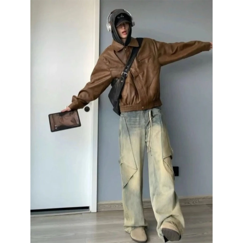 

Американские джинсовые джинсы в стиле ретро, мужские большие размеры 300, осенний дизайн, деконструированные широкие брюки, крутые и хаоми