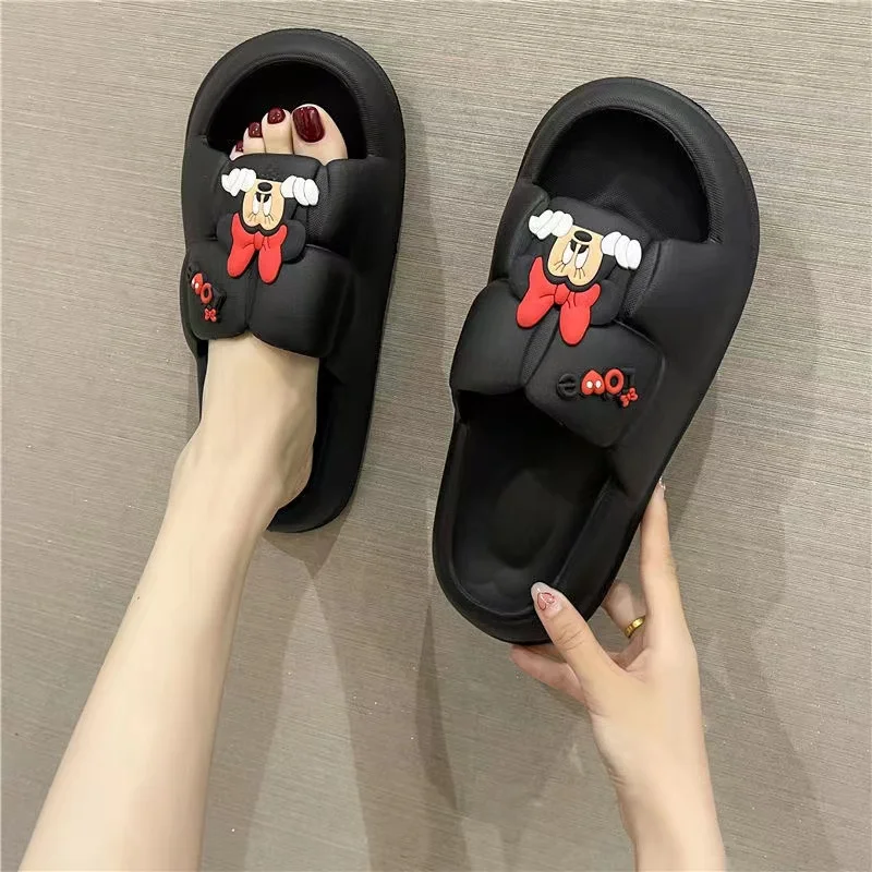 Cute cartoon animal Mickey bow women\'s slippers thick bottom soft couple indoor bathroom women\'s Minnie 2024 summer sandals