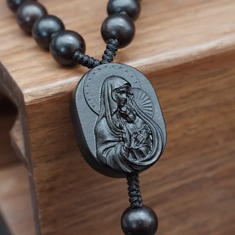 Rosewood Ebony Rope Chain Beaded Bracelet Wooden Rosary Handmade Our Lady Jesus Wood Necklaces for Women Men Religious Jewelry