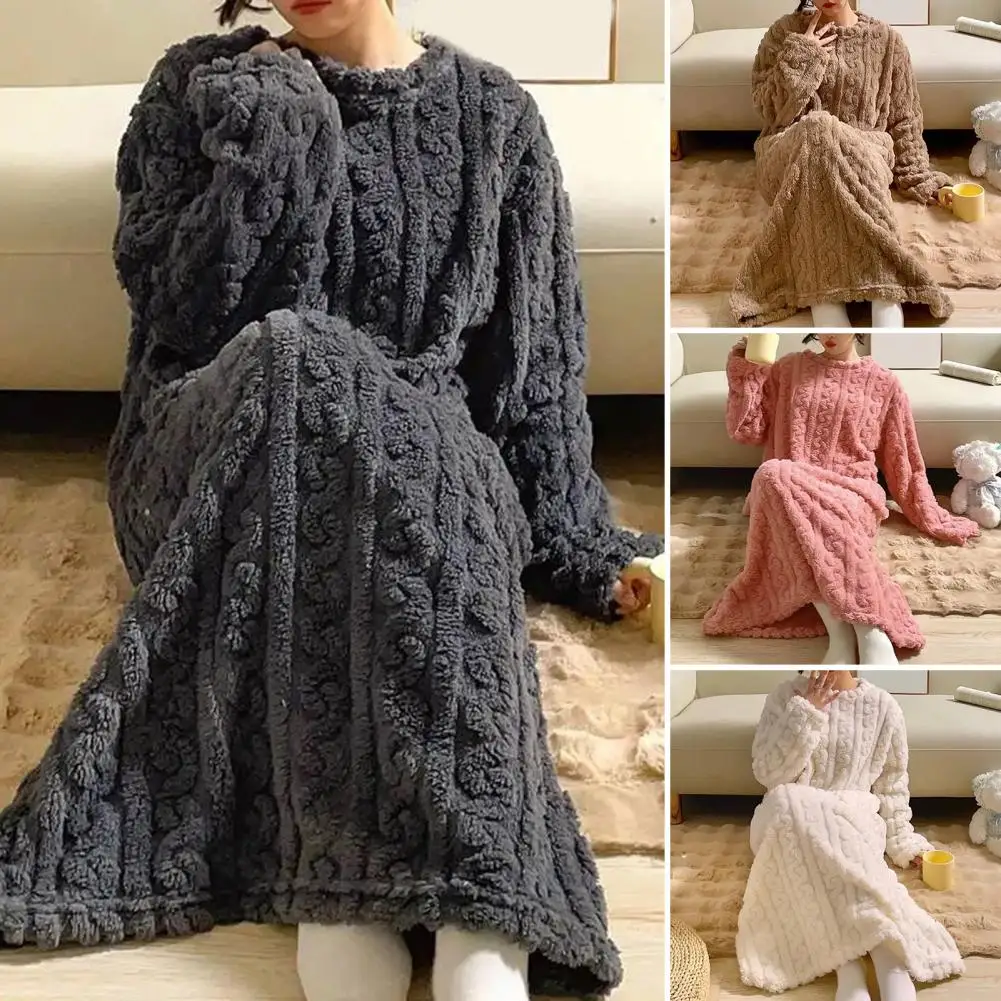 Women Fuzzy Fleece Nightgown Flannel Long Sleepdress Loose Crew Neck With Pockets Cozy Plush Warm Winter Pullover Loungewear