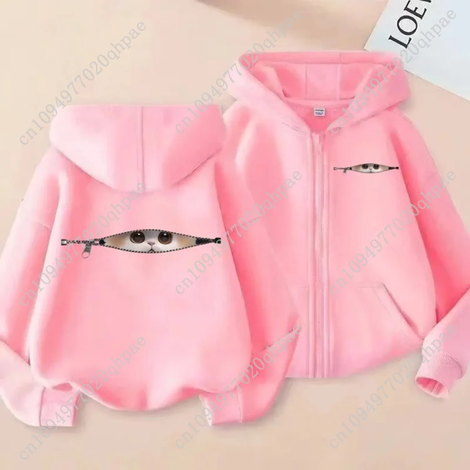 تحذير لطيف للغاية! قطة لطيفة عند فتحة سحاب، سويت شيرت بغطاء للرأس بسحاب ممتع #5