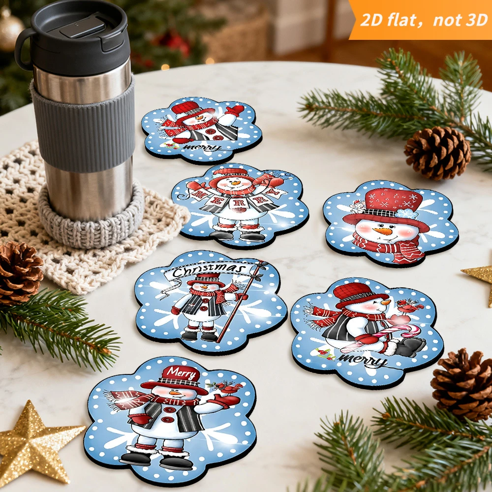 Wooden Coasters 2D Christmas Snowman Merry Xmas Drink Cup Mats Holiday Table Setting Home Bar Decor Supplies Housewarming Gift