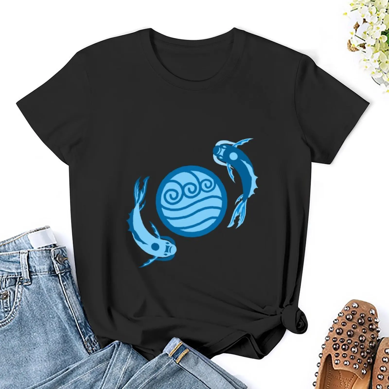 Koi Fish-T-shirt pour femme, chemisier vintage, vêtements pour femmes, grande taille, médicaments, lune et esprits de l'océan