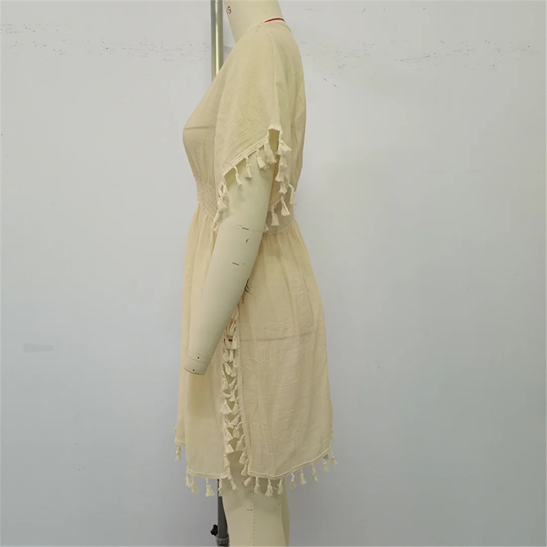 Kurzarm-Tunika mit Quasten, V-Ausschnitt, gehäkelt, gestrickt, Strand-Cover-up, Strandkleid, Strandmode, Damen V8546 – Detail 8