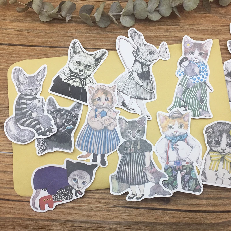 15pcs Cat Animal Comic Sticker DIY Scrapbooking Journal Base Collage Mobile Computer Diary Happy Plan Decoration Sticker
