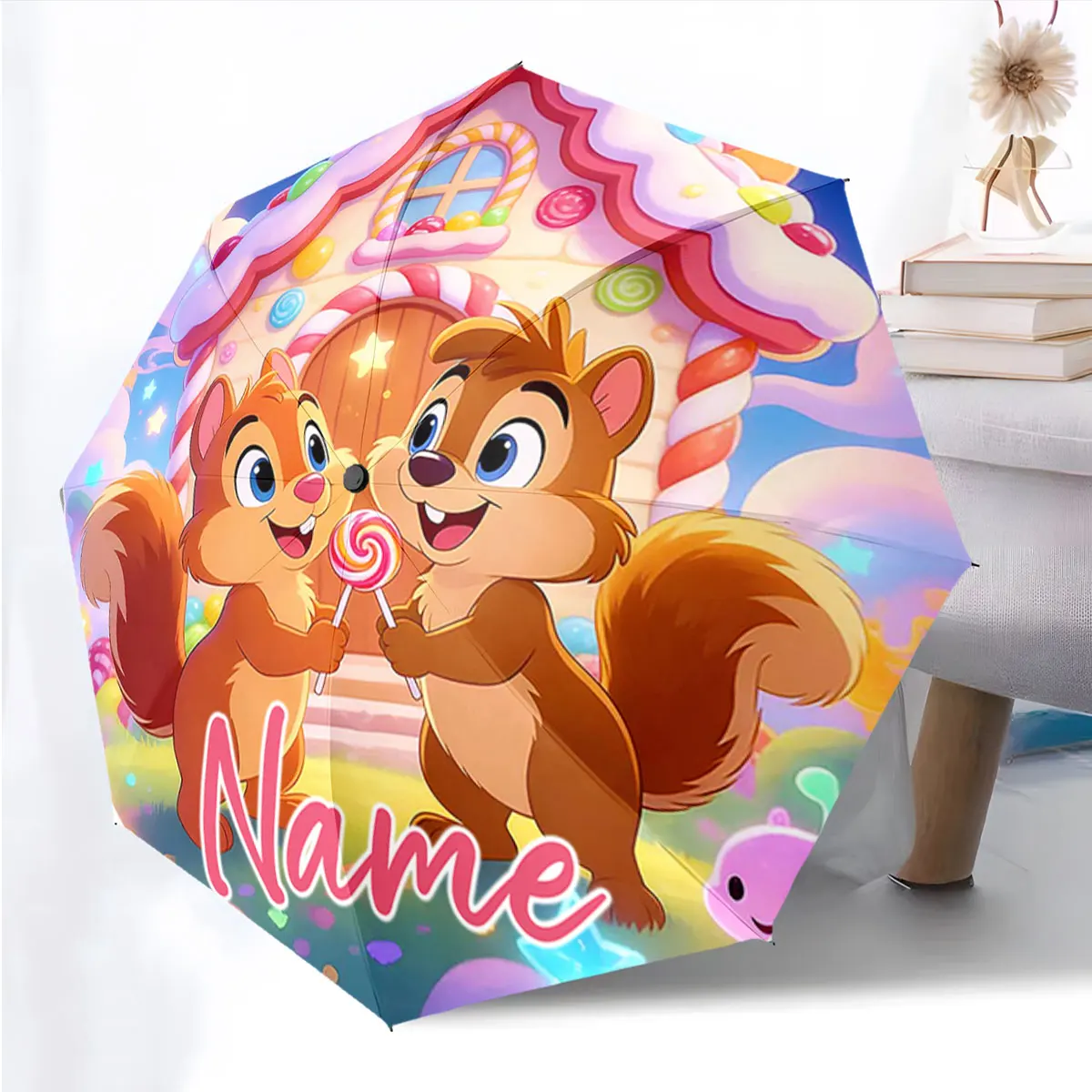 Custom Name Cartoon Squirrel Umbrella Design with Candy House Print 8 Iron Ribs Folding Umbrella Auto-Open Fashion Sunshade