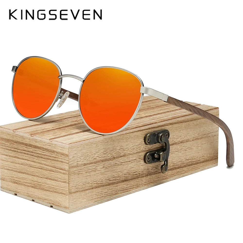 KINGSEVEN 2023 Black Walnut Wooden Sunglasses For Men Polarized UV400 Protection Round Lens Retro Eyewear Women Handmade Glasses
