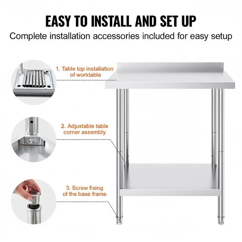 24 x 30 x 36 Inch Stainless Steel Work Table, Commercial Food Prep Worktable Heavy Duty Prep Worktable, Metal Work Table with Adjustable Height for Restaurant, Home and Hotel - view 6
