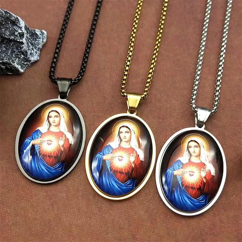 

Our Lady Virgin Mary Pendant Necklace For Women Men Stainless Steel Glass Gold Color Faith Catholic Pray Amulet Chain Jewelry