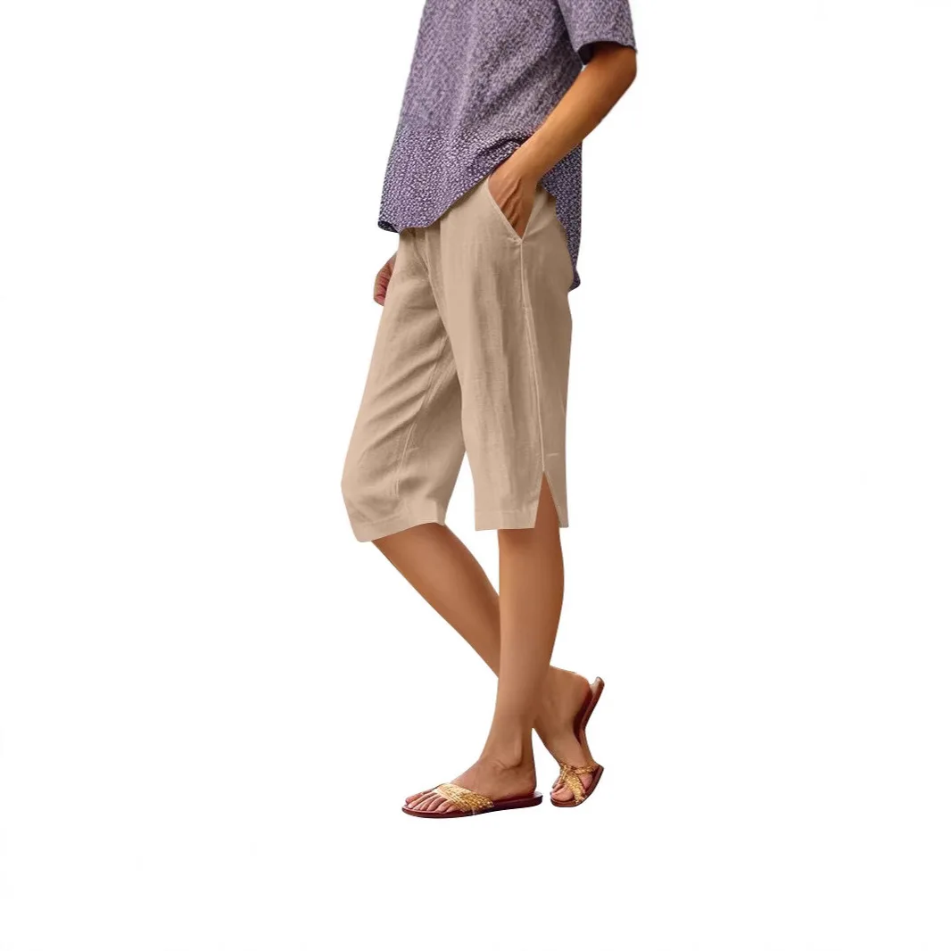 

2026 new women's clothing casual loose pockets cotton and linen elastic casual pants five-point shorts