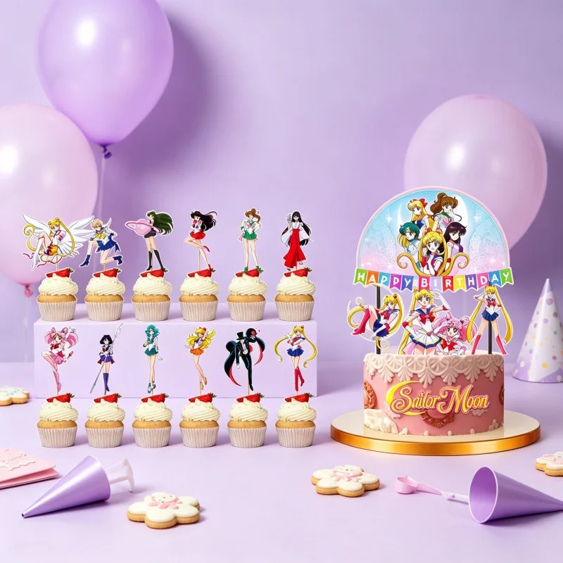 Sailor Moon Themenparty-Dekorationen: Einweggeschirr, Tassen, Teller, Flaggen, Strohhalme, Banner, Kuchen, Geburtstag, Feiertagsparty-Zubehör – Detail 4