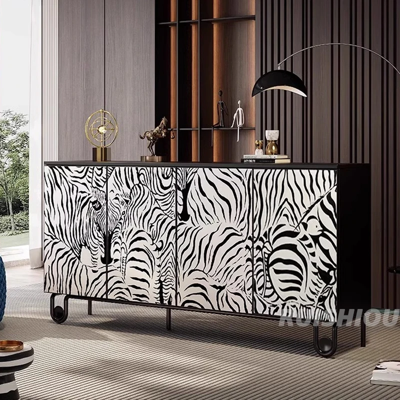 Light Luxury Italian Solid Wood Sideboard Black White Zebra Multi-Layer Storage Shoe Cabinet Home Porch Cabinet Bedroom TV