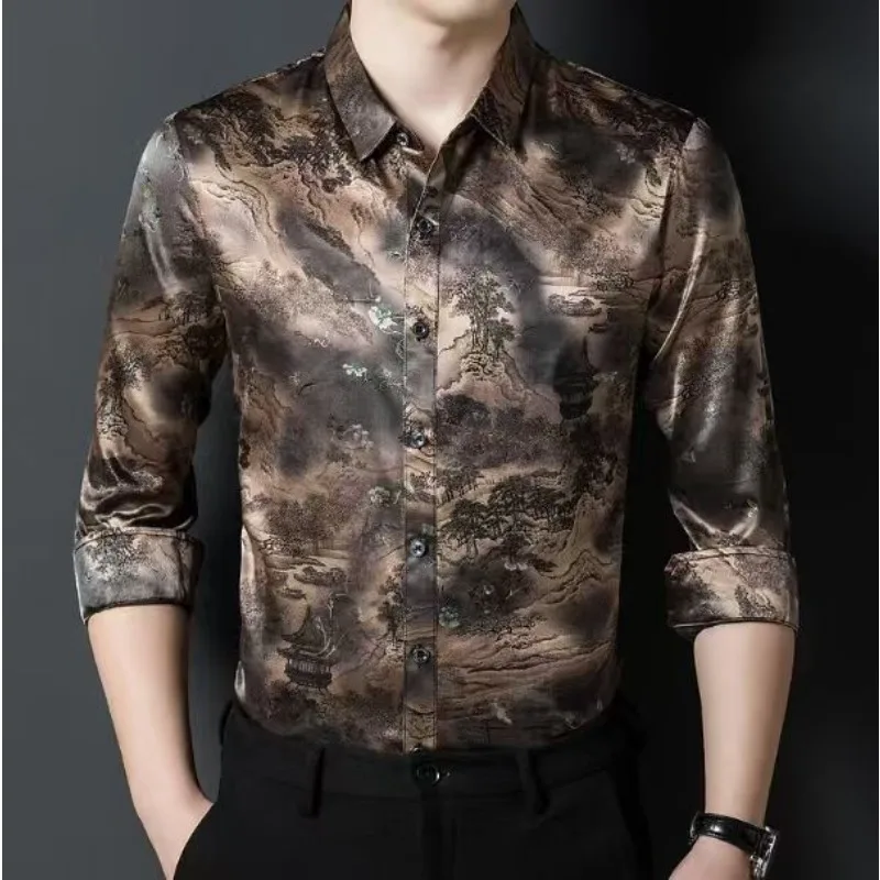 

Men Clothes Silk Shirt Spring Autumn New Mulberry Silk Fashion Satin Silk Long Sleeve Shirt Men