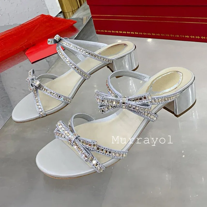 Dedo do pé aberto cores misturadas saltos quadrados chinelos feminino borboleta-nó strass decoração sandálias verão vestido sapatos bombas sapatos de fadas