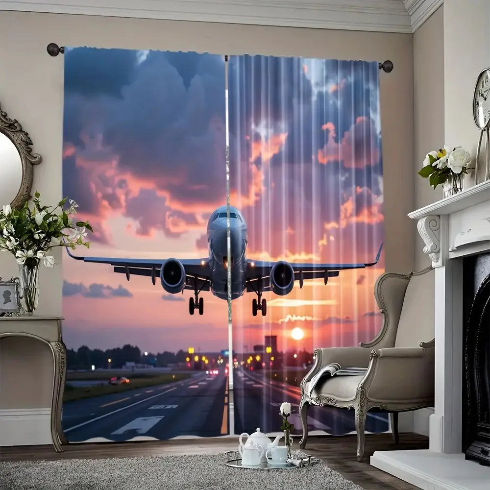 Realistic Airplane Landing Curtains Sunset Sky and Runway Scene 3D Photo Print Window Drapes for Boys Room Aviation Theme Decor