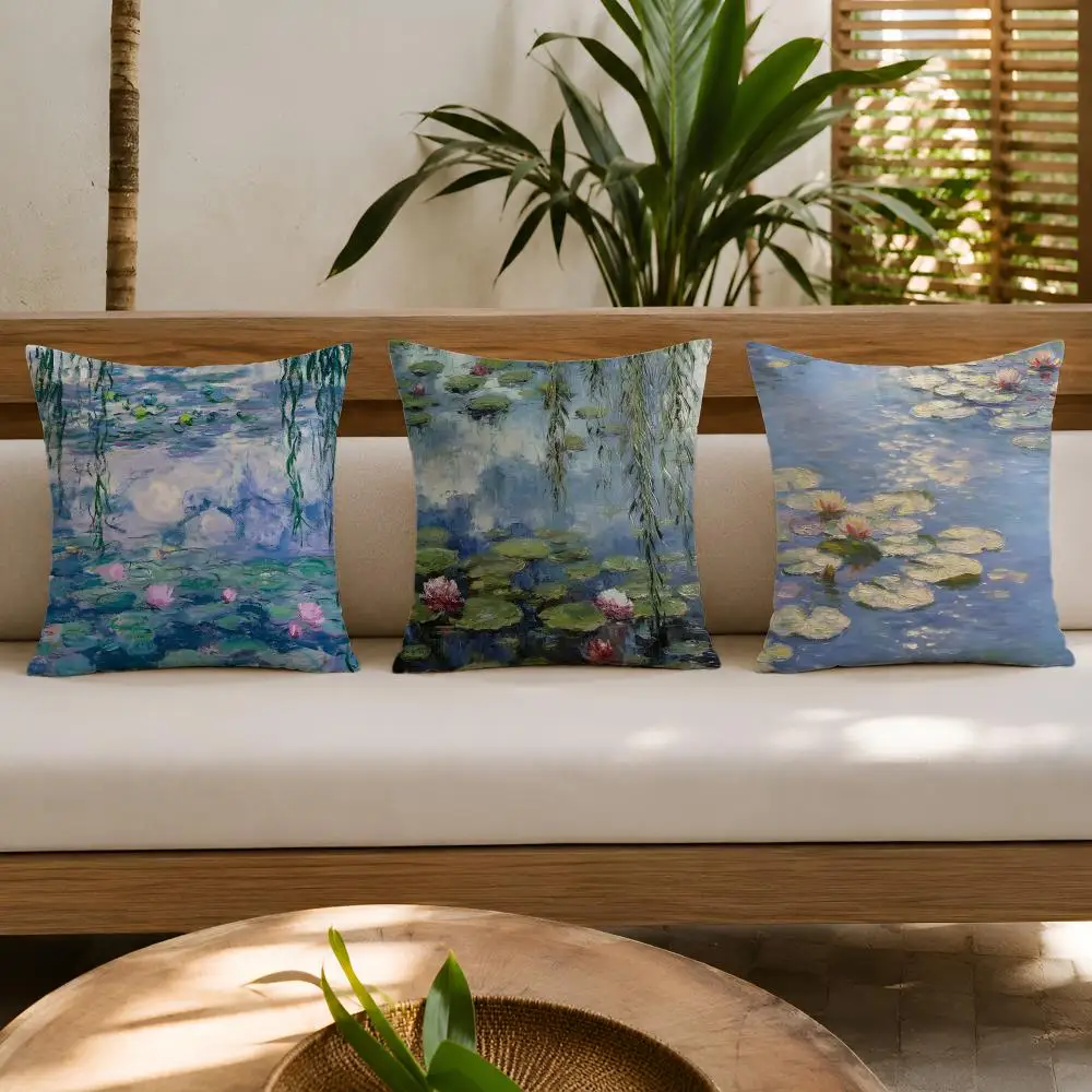 Water Lilies Claude M-Monet Fine Art Cushion Cover Double-Sided Plush Sofa Cushion Covers Organic Breathable Invisible Zipper