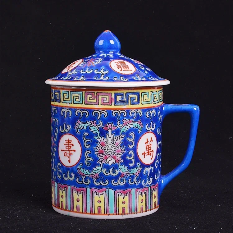 Traditional Chinese Jingdezhen Ceramic Blue and White Porcelain Mug Red/Blue/Yellow Tea Cup with Lid Drinkware 300ml