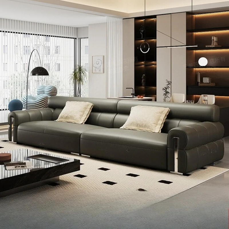 

Leather Living Room Sofa Block Italian Minimalist Hall Villa Straight Couch Chaise Sleeper Black Canape Salon Home Furniture