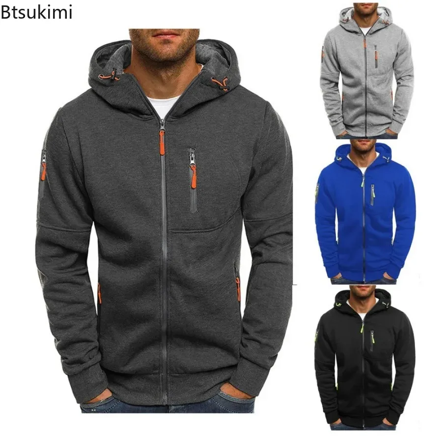 

New 2025 Men's Casual Warm Hoodies Fashion Zipper Fleece Hooded Jacket Multi-pockets Men Solid Sport Fitness Coats Sweatshirts