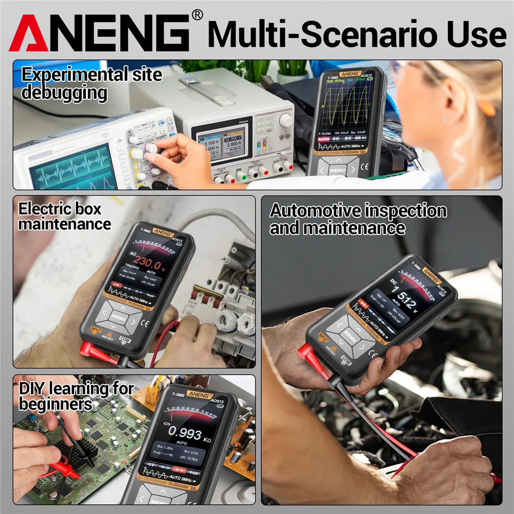 ANENG AOS12 มัลติมิเตอร์ 2-in-1 Oscilloscope 5MHZ 48MSa/s Sampling แบบพกพา Oscilloscope มัลติฟังก์ชั่นเครื่องทดสอบไฟฟ้าเครื่องมือ