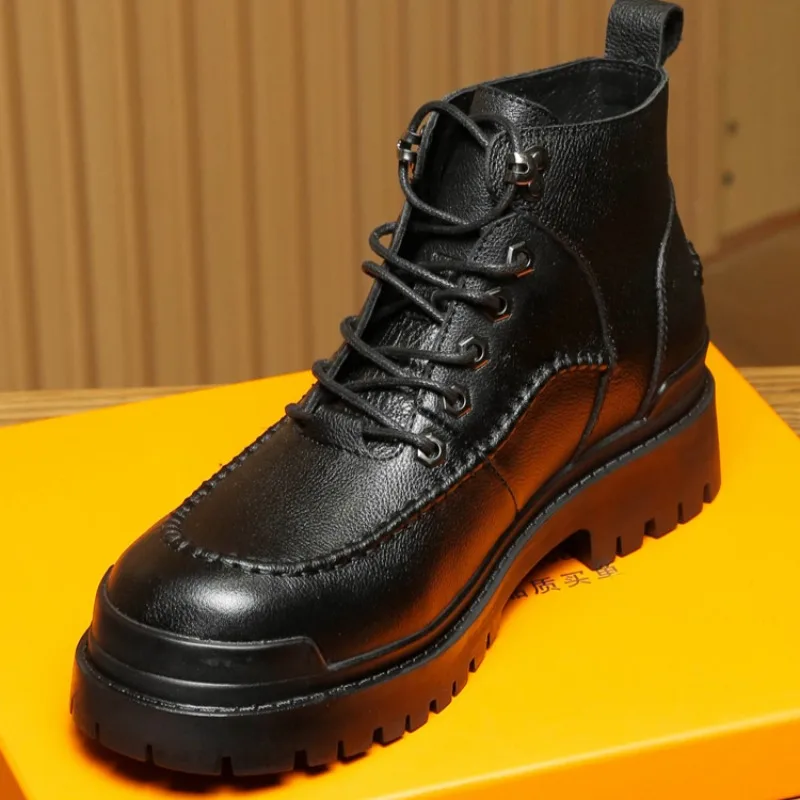 Black Genuine Leather Ankle Boots Me High End Lace Up Thick Bottom Non-slip British Style Work Chelsea Boots Male Shoes