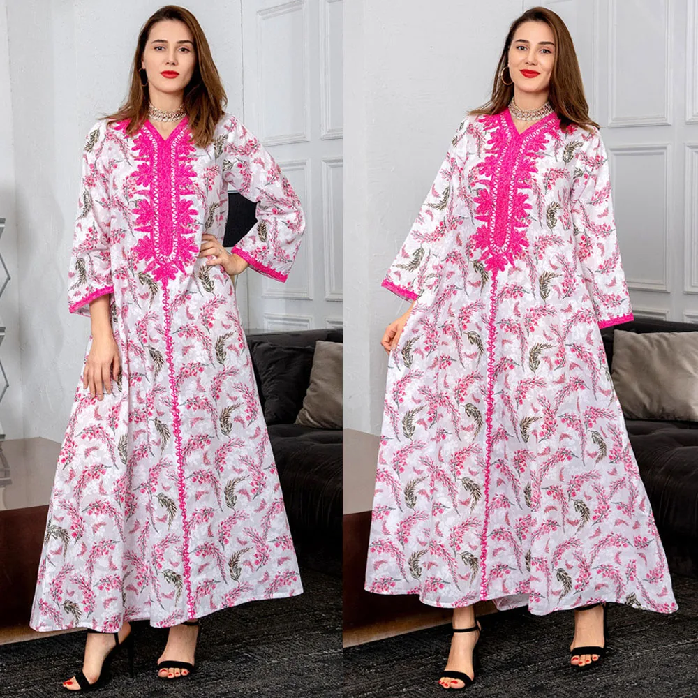 

Ethnic Vintage Kaftan Muslim Women Long Dress Islamic Abaya Arab Turkey Middle East Cotton Printed Maxi Robe Ramadan Eid Mubarak