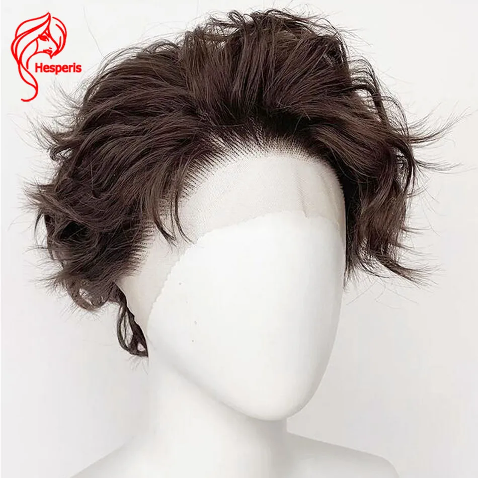 Hesperis Brown Short Men's Wig with Baby Hair Lace Front Human Hair Wavy Pixie Cut Curly Style Pre-Plucked for Men