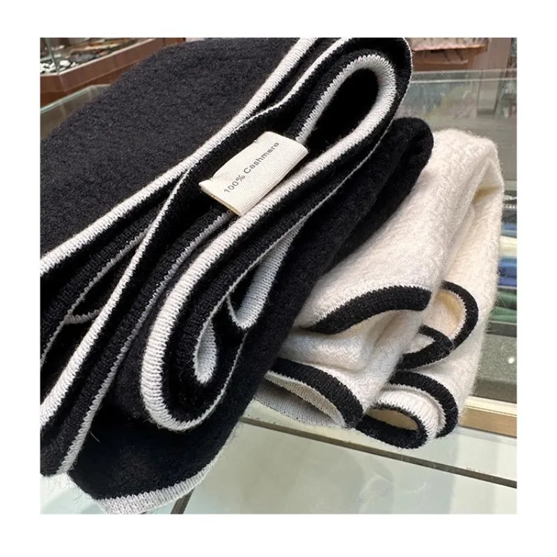 Elegant French Black White Cashmere Shawl Women Summer Soft Wool Triangle Scarf Neck Wrap Luxury Shoulder Cape for Daily Outfit