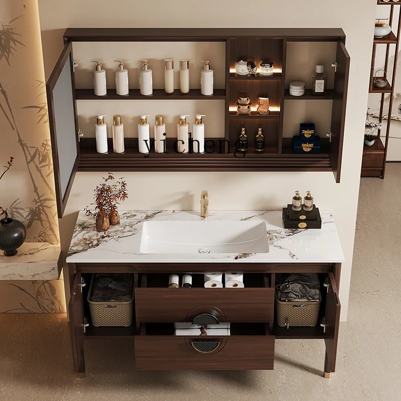 

bathroom cabinet combination ceramic integrated basin floor-to-ceiling face basin solid wood washing rock slab