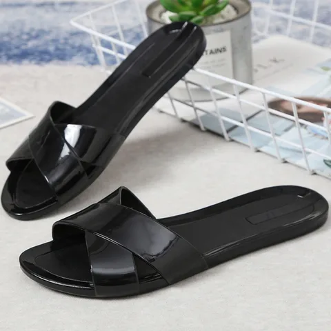 Slippers Women's Summer Fashion Plastic Slippers Flat Bottomed Non Slip Home and Household Soft Soled Slippers Plastic Sandal